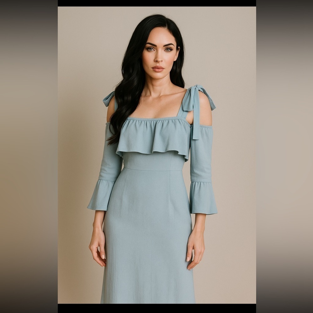 Ganni Clark Midi Shift Dress Size 36/M Sterling Blue Cold Shoulder Ruffled Neck